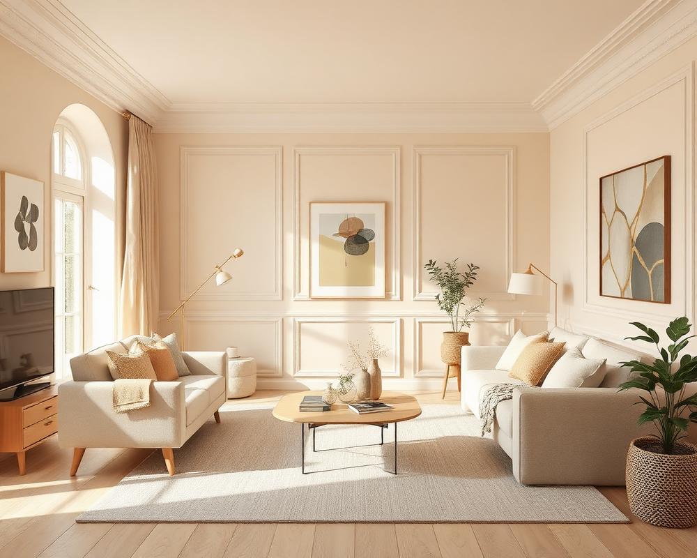 Nymalet stue i varme beige nuancer
